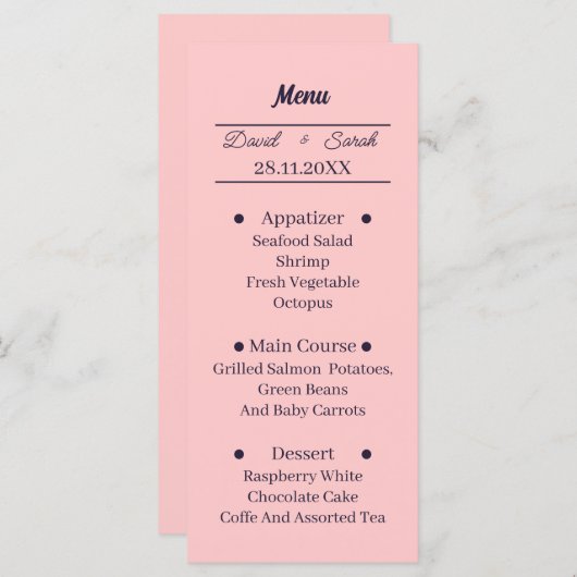 シンプルパーソナライズされたピーチ結婚ズ・ディナー メニュー (正面/裏面)