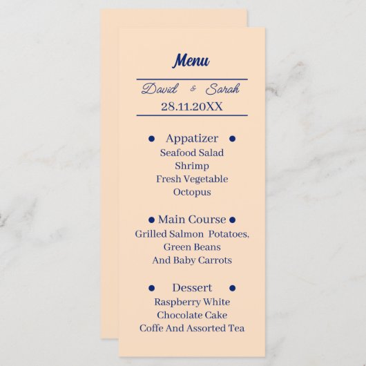シンプルパーソナライズされたベージュ結婚の夕食会 メニュー (正面/裏面)