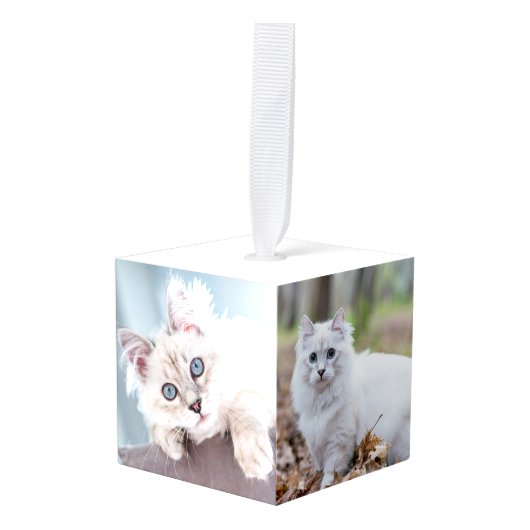 シンプルパーソナライズされたペット猫フォトクリスマス キューブオーナメント (正面アングル)