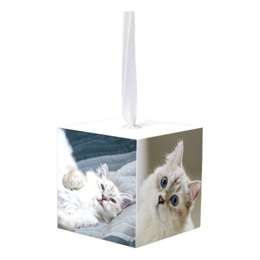 シンプルパーソナライズされたペット猫フォトクリスマス キューブオーナメント (裏面アングル)