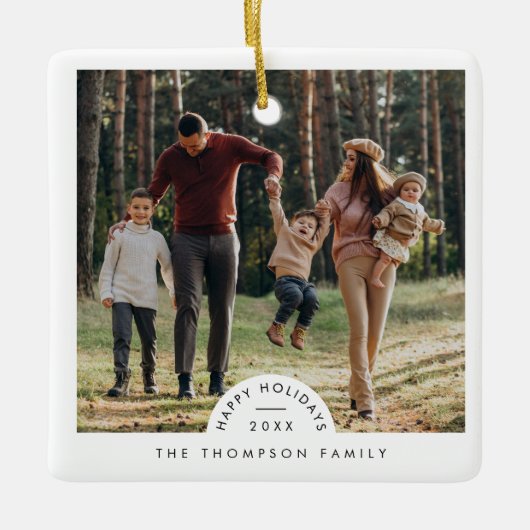 シンプルパーソナライズされたモダン家族の写真クリスマス セラミックオーナメント (正面)