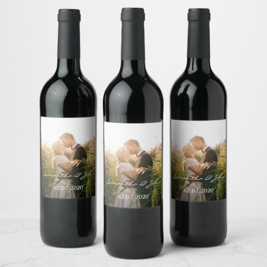 シンプルパーソナライズされたモダン結婚写真 ワインラベル (ボトル)