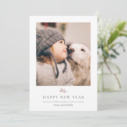 シンプルパーソナライズされたHappy New Yearフォトカード シーズンカード (スタンド正面)