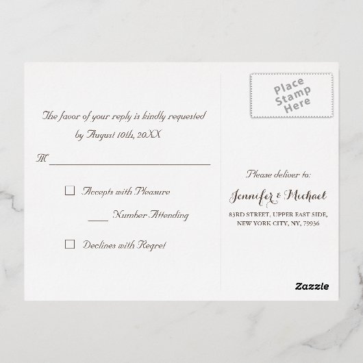 シンプルパーティーイベント結婚の応答RSVPバラ金ゴールド 箔招待状ポストカード (裏面)