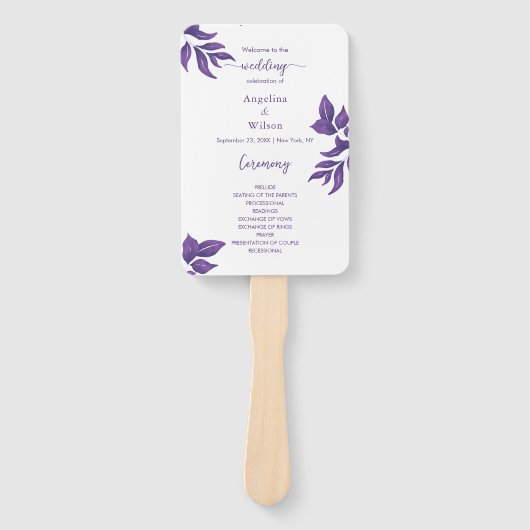 シンプルパープルユエレガントーカリ結婚式 プログラム ハンドファン (正面)