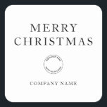 シンプルビジネスロゴAny Color Merry Christmas スクエアシール<br><div class="desc">シンプルビジネスのロゴ任意の色メリークリスマス。この完全にカスタマイズ可能なミニマルデザインは、あなたの休日の会社のイベントとパーティーの好意のためのロゴ、会社名と挨拶を持っている。図に示すようにクラシックの白黒を使用するか、フォントのスタイルと色を任意のオプションで希望する色に変更すカスタマイズる。</div>