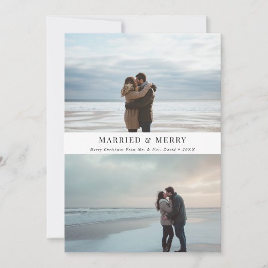 シンプルビーチ写真とメ結婚したリークリスマス シーズンカード (正面)