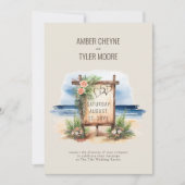 シンプルビーチ水の色の結婚詳細と写真 招待状 (正面)