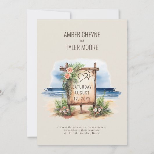 シンプルビーチ水の色の結婚詳細と写真 招待状 (正面)