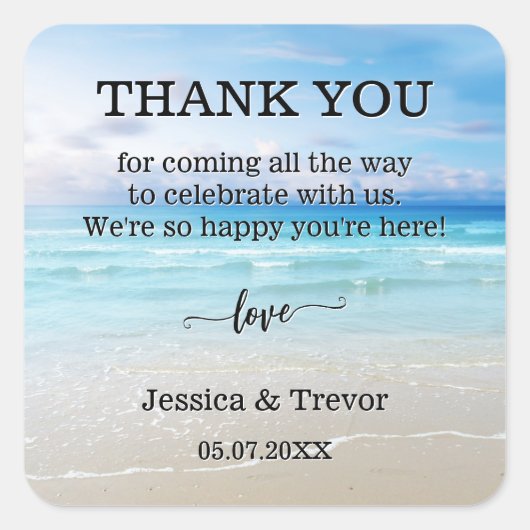シンプルビーチ結婚式カラフルありがとう スクエアシール (正面)