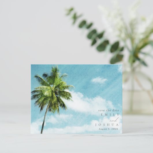 シンプルビーチ結婚式予算保存日付 案内ポストカード (スタンド正面)