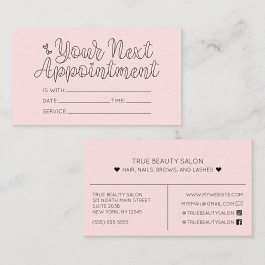 シンプルピかわいらしンクハートタイポグラフィアポイントメント 名刺 (正面/裏面)