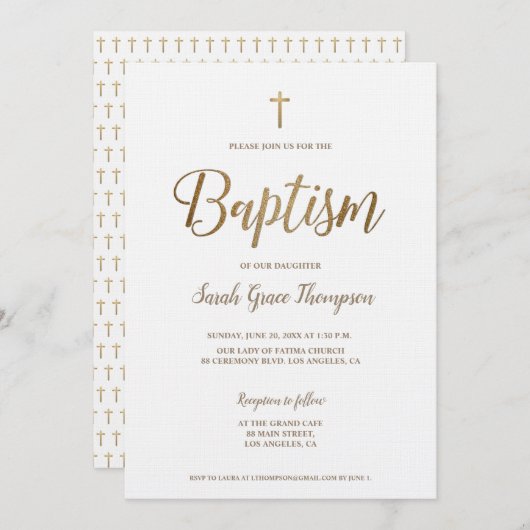 シンプルピュアモダンホワイト金ゴールドクロスガールバプテスマ 招待状 (正面/裏面)