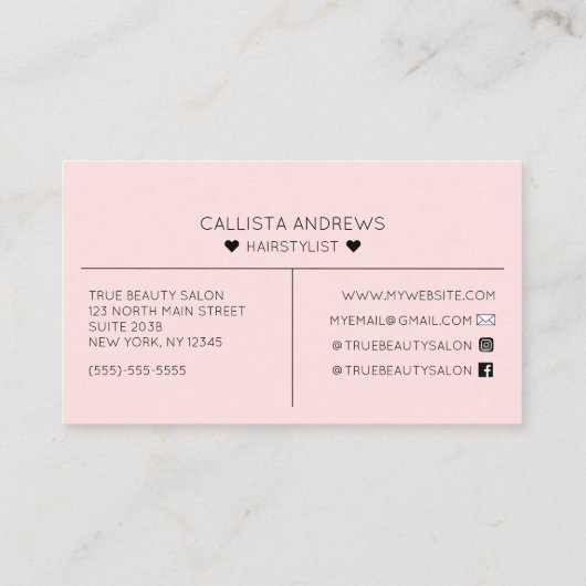 シンプルピンクかわいらしハートタイポグラフィヘア 名刺 (裏面)