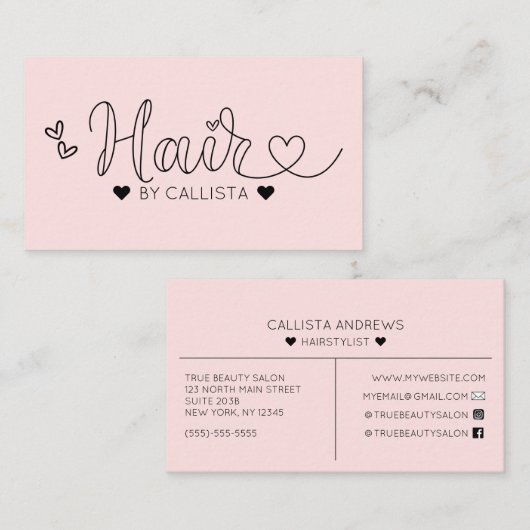 シンプルピンクかわいらしハートタイポグラフィヘア 名刺 (正面/裏面)