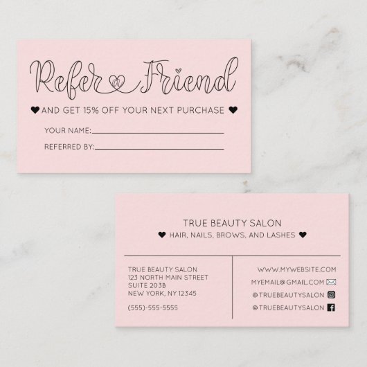 シンプルピンクかわいらしハートタイポグラフィ紹介 名刺 (正面/裏面)