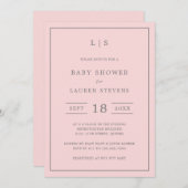 シンプルピンクとグレーのモノグラム女の子ベビーシャワー 招待状 (正面/裏面)