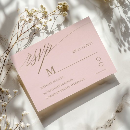 シンプルピンクとフェイク金ゴールドの書結婚道 出欠カード