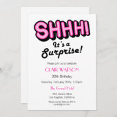 シンプルピンクと白のサプライズ誕生日パーティー 招待状 (正面/裏面)