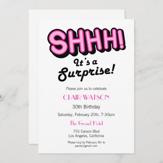 シンプルピンクと白のサプライズ誕生日パーティー 招待状 (正面/裏面)