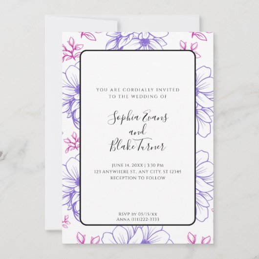 シンプルピンクと紫のラ描イン結婚花 招待状 (正面)