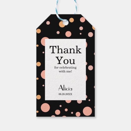 シンプルピンクアンドピーチ水玉模様ブラックサンキュー ギフトタグ (正面)