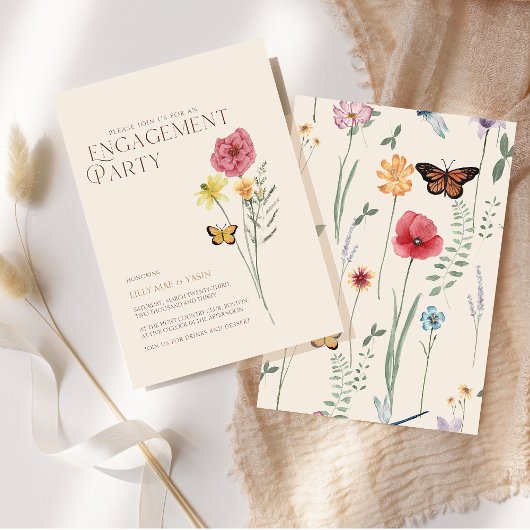 シンプルピンクイエローワイルドフラワー婚約パーティ 招待状