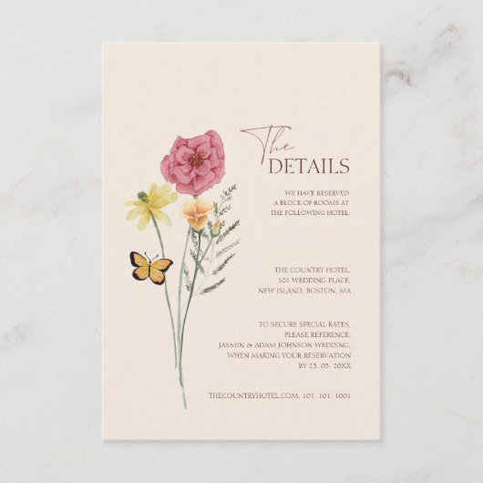 シンプルピンクイエローワイルドフラワー結婚ズ詳細 エンクロージャーカード (正面)