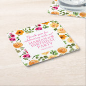 シンプルピンクオレンジフローラ誕生日パーティーのお気に入り スクエアペーパーコースター (アングル)