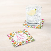 シンプルピンクオレンジフローラ誕生日パーティー スクエアペーパーコースター (インサイチュ)