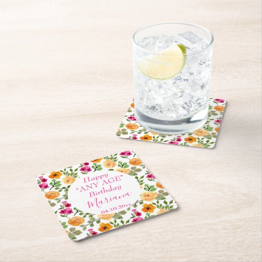 シンプルピンクオレンジフローラ誕生日パーティー スクエアペーパーコースター (インサイチュ)