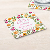 シンプルピンクオレンジフローラ誕生日パーティー スクエアペーパーコースター (アングル)