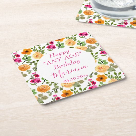 シンプルピンクオレンジフローラ誕生日パーティー スクエアペーパーコースター (アングル)
