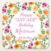 シンプルピンクオレンジフローラ誕生日パーティー スクエアペーパーコースター (正面)