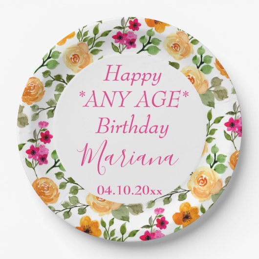 シンプルピンクオレンジフローラ誕生日パーティー ペーパープレート (正面)
