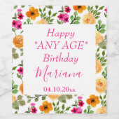 シンプルピンクオレンジフローラ誕生日パーティー ワインラベル (シングルラベル)