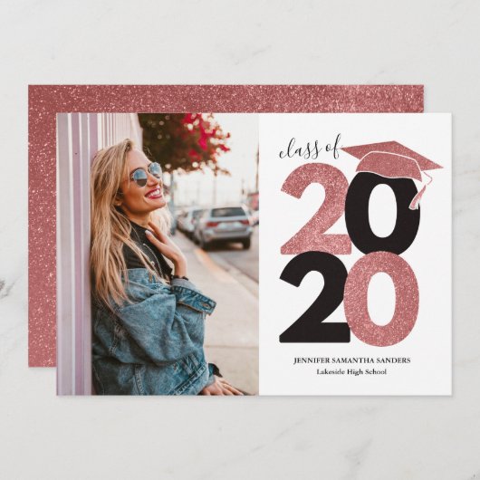 シンプルピンクグリッターガーリーキャップフォト卒業 案内状 (正面/裏面)