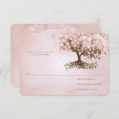 シンプルピンクハートリーフツリーウェディングRSVP 出欠カード (正面/裏面)