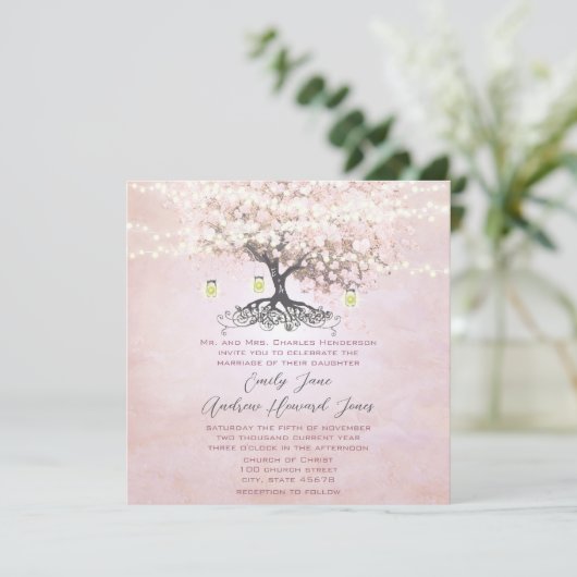 シンプルピンクハートリーフツリーフォレストグローブ結婚ズ 招待状 (スタンド正面)