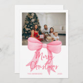 シンプルピンクビッグボウ写真クリスマス シーズンカード (正面/裏面)