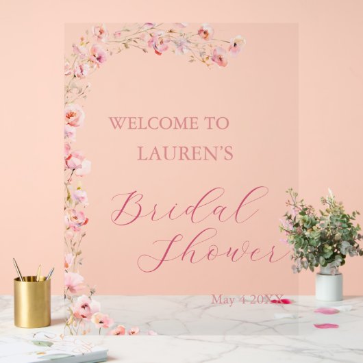 シンプルピンクフラワーガーデンブライダルシャワー アクリルサイン (ウェディング)