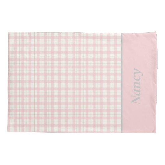 シンプルピンクプレイド名前をカスタムするファームハウス 枕カバー (裏面)