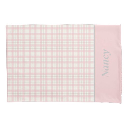 シンプルピンクプレイド名前をカスタムするファームハウス 枕カバー (正面)