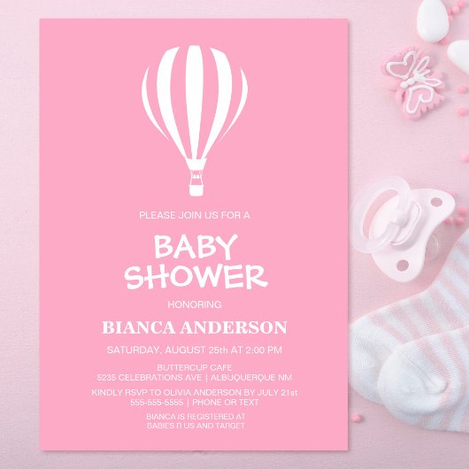 シンプルピンクホットエアバルーン赤ちゃんシャワー 招待状