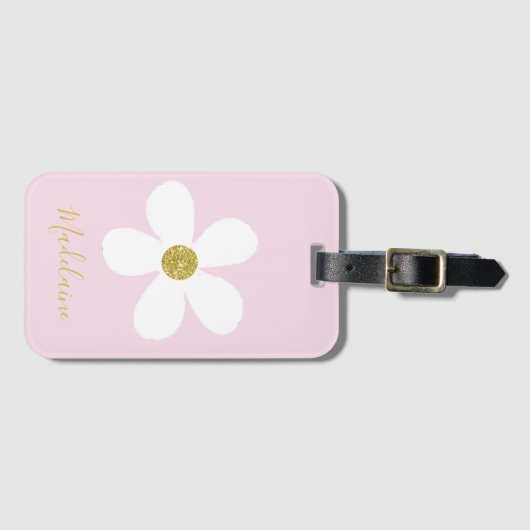 シンプルピンクホワイトデイジー金ゴールド個人旅行 ラゲッジタグ (正面横)