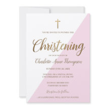 シンプルピンクホワイト金ゴールドクロス仮想《キリスト教》洗礼式や命名式