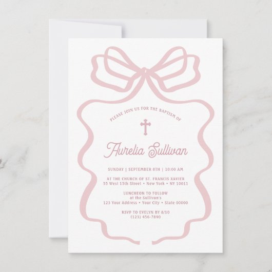 シンプルピンクボウバプテスマ招待状 招待状 (正面)