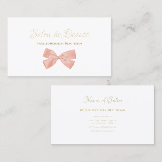 シンプルピンクボウ金ゴールドスクリプガーリート美しいサロン 名刺 (正面/裏面)