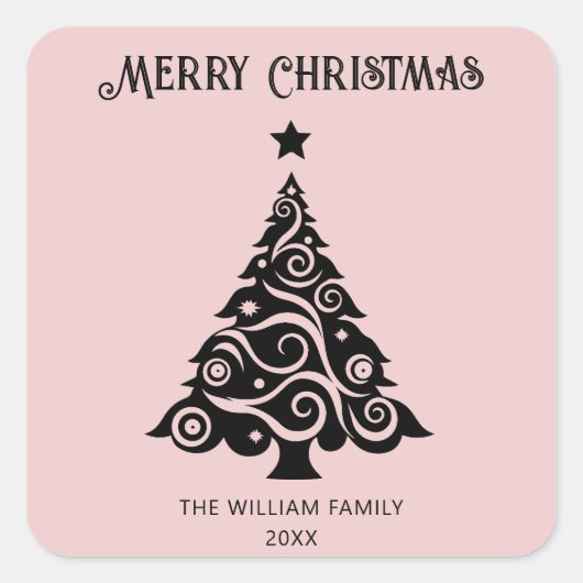 シンプルピンクメリークリスマスツリーホリデーギフト スクエアシール (正面)