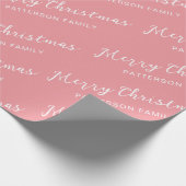シンプルピンクメリークリスマスファミリー名 ラッピングペーパー (角)